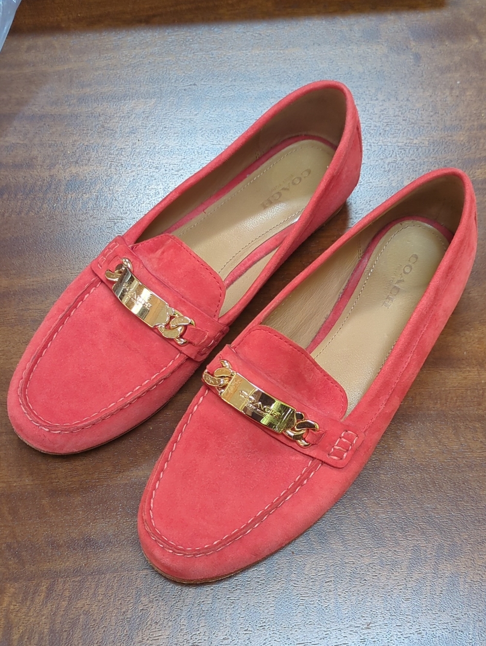 Coach Coral Red Suede Loafers with Gold Chain Trim